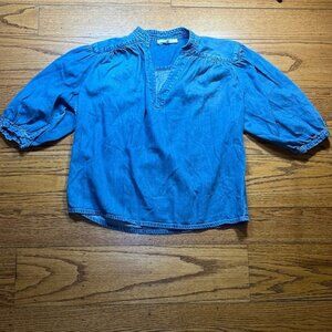 Frame Blue Cotton Coastal Cowgirl V- Neck Long Sleeve Blouse A38